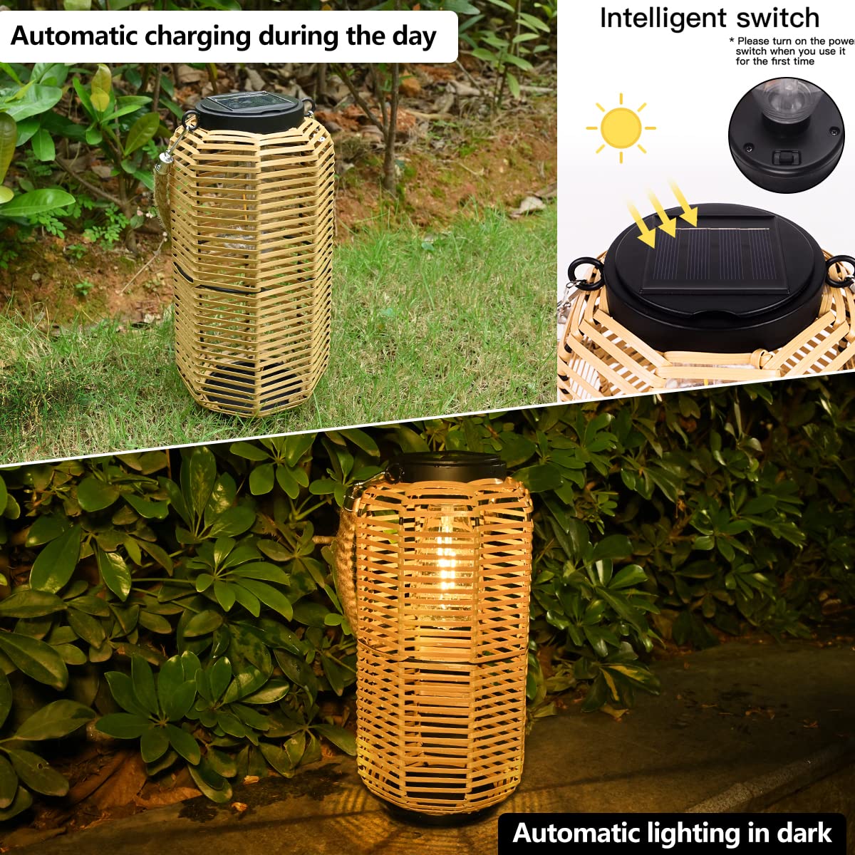 Livinlarge Solar Lantern - Rattan Waterproof Hanging Light with Twine Handle, Edison Bulb for Garden, Patio, Multicolor, Model 443
