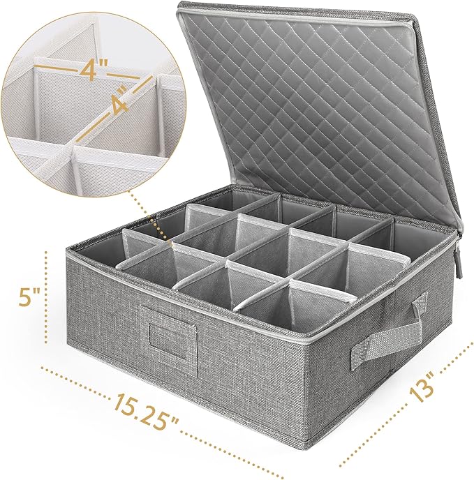 LotFancy Cup and Mug Storage Container, Hard Shell, China Coffee Mug Storage Box for Moving, with Dividers & Handles, Holds 12 Tea Cups, Grey