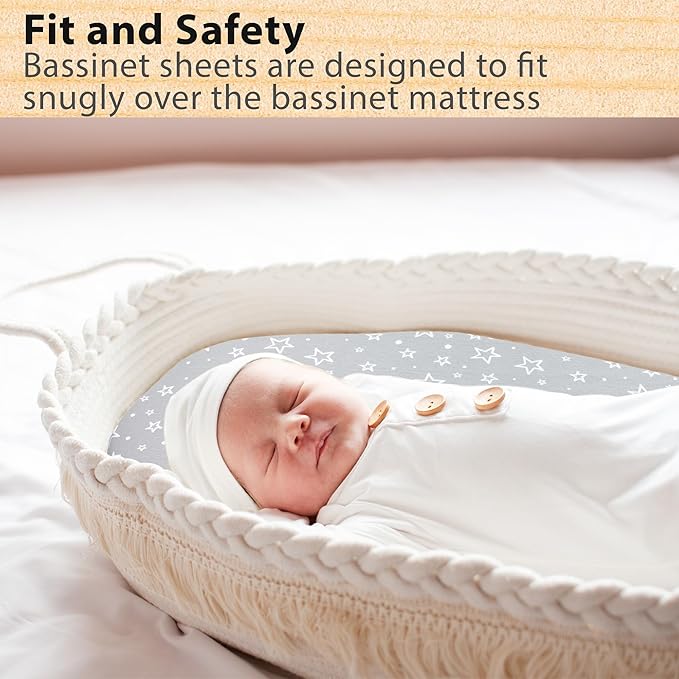 Bassinet Sheets Boy – 2-Pack Soft Fitted Bassinet Sheets, Organic Cotton, Breathable & Cozy, Fits 32x16x4 Inch Rectangle, Oval & Hourglass Mattresses (Grey)
