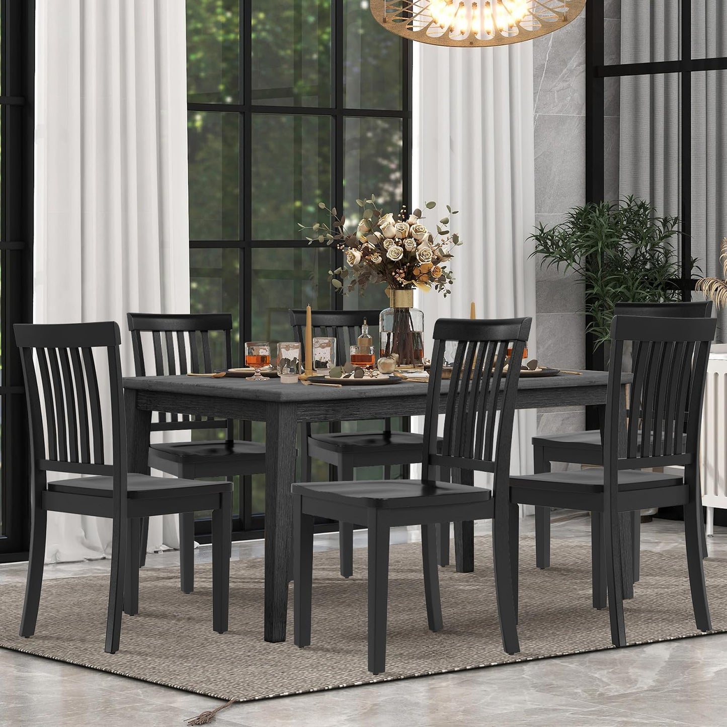 COLAMY Wooden Dining Chairs Set of 4, Solid Rubberwood Kitchen & Dining Room Chairs, High Spindle Back Windsor Style, Modern Dining Table Chairs, Non-Slip Foot Pads, Minimalist Home Furniture,Black