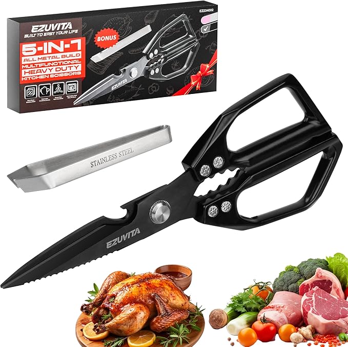 5-in-1 Multifunctional Heavy-Duty Kitchen Scissors with Tweezer, Black All Purpose Kitchen Shears with Titanium Coated Stainless Steel Blades, Dishwasher Safe Poultry Shears