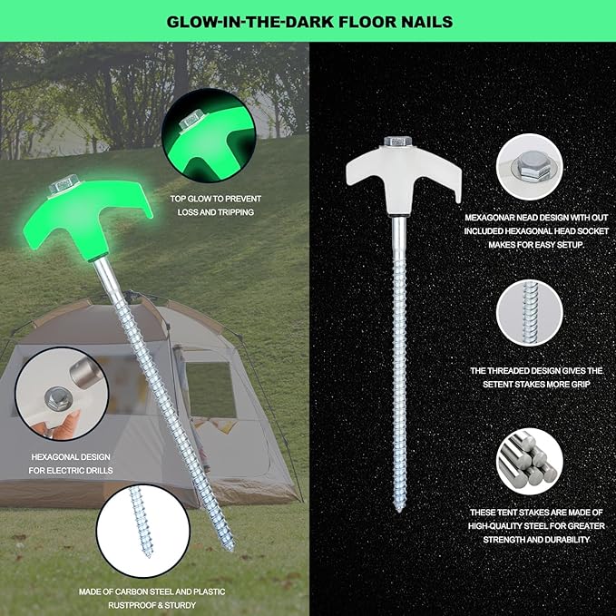 20PCS Camping Tent Stakes Heavy Duty,8 Inch Screw in Tent Stakes Heavy Duty,Nightglow Metal Tent Stakes,with Hex Head Driver,Nail Lifter,Ropes,White