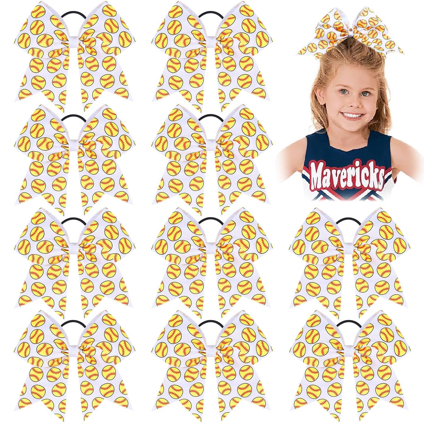 10 PCS 8 Large Glitter Softball Cheer Bows for Cheerleaders, CN Sparkly Baseball Hair Bows with Elastic Hair Ties Accessories fo