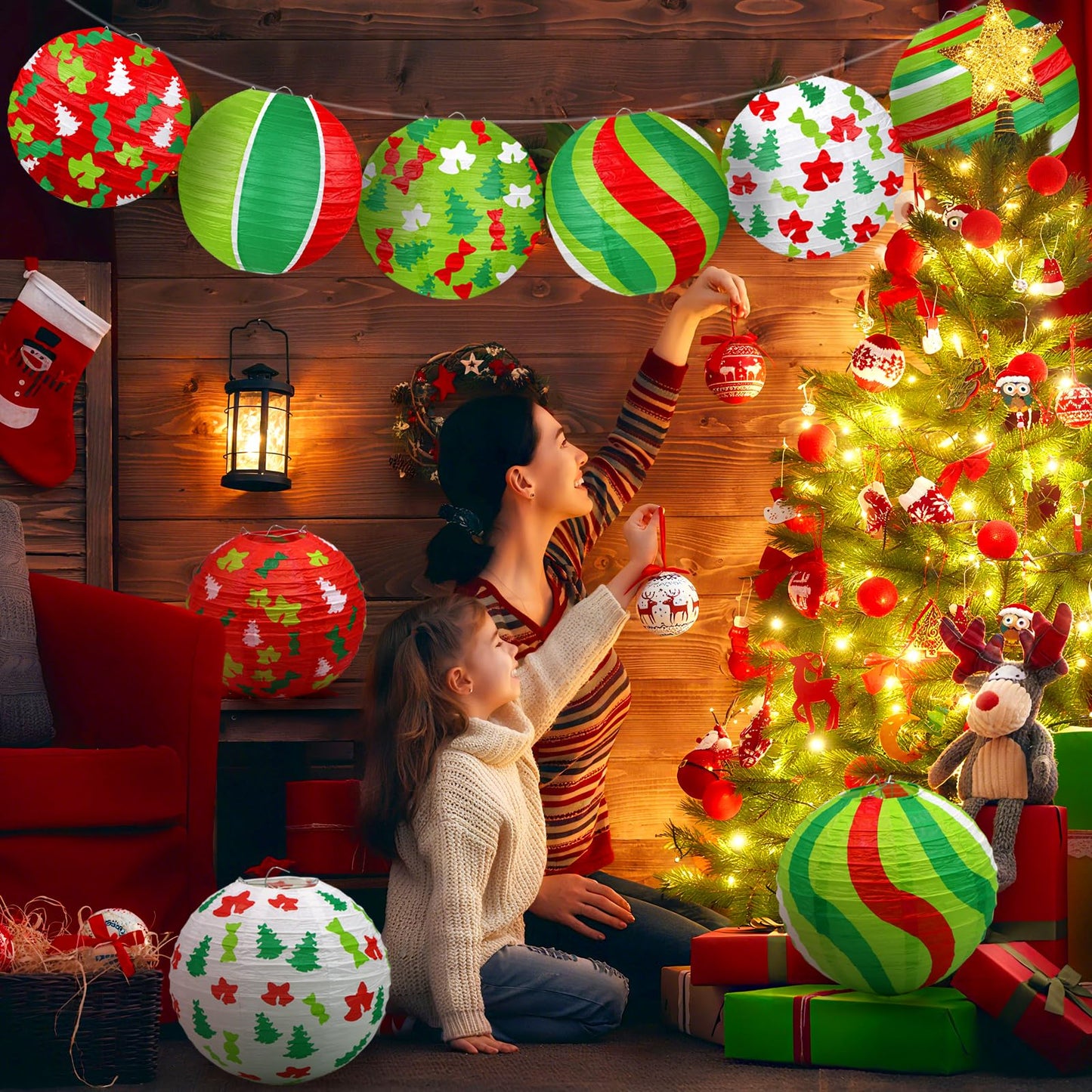 ADLKGG Christmas Paper Lanterns, 12 Pcs, Red Green Trees & Bells, Indoor Outdoor Holiday Decorations, Model 001