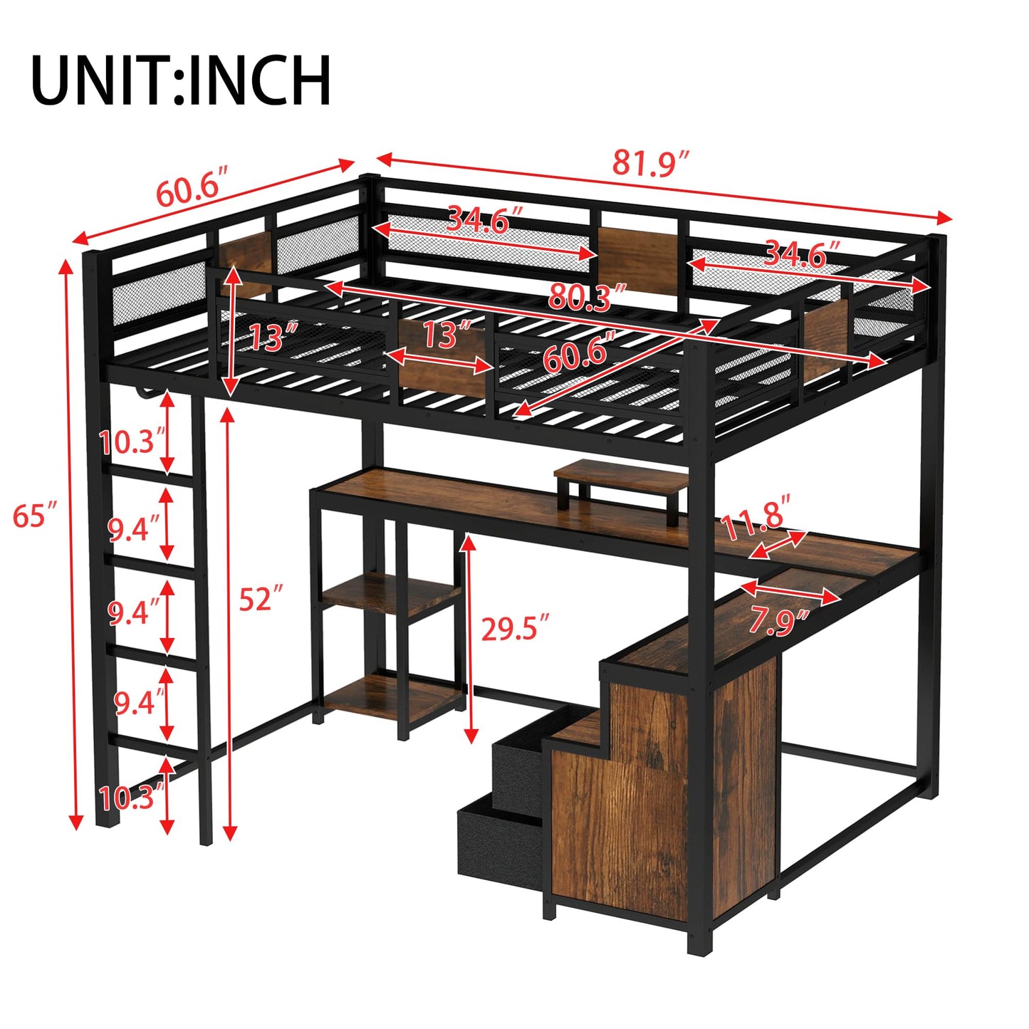 Bellemave Metal Queen Size Loft Bed with Desk and Non-Woven Fabric Drawers,Heavy Duty Loft Bed Frame with Clothes Rack and Storage Shelves for Kids,Teens,Adults, Space Saving,Black