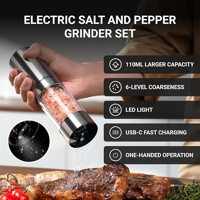ThermoMaven Upgraded Larger Capacity Electric Salt and Pepper Grinder Set, 110ml Rechargeable Salt and Pepper Shaker with LED light, 6 Adjustable Coarseness, Stainless Steel, Black & Silver