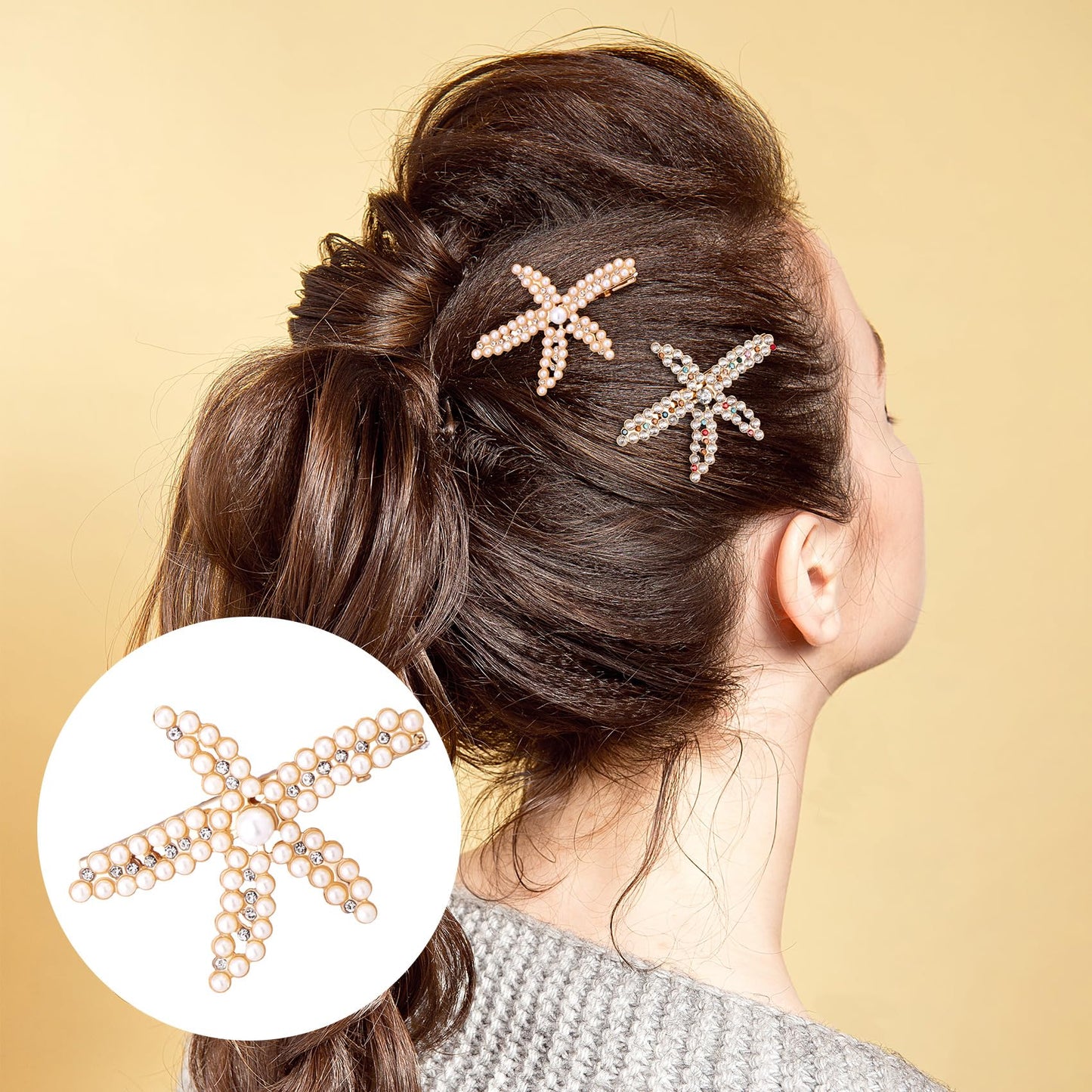 PAGOW 3 PCS Starfish Hair Clips, Gold Pearls Colorful Rhinestone Hair Clips, Crystal Sea Star Ponytail Holder, Faux Pearl Crysta