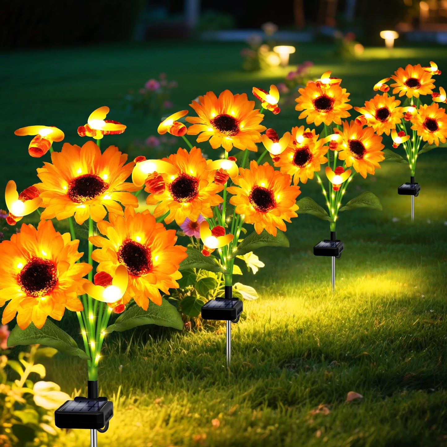 ANGMLN Solar Garden Lights - 4 Pack Swaying Bee with Sunflowers, Warm White, Waterproof Outdoor Decor, Model XM-6Tsunflowerbee-4