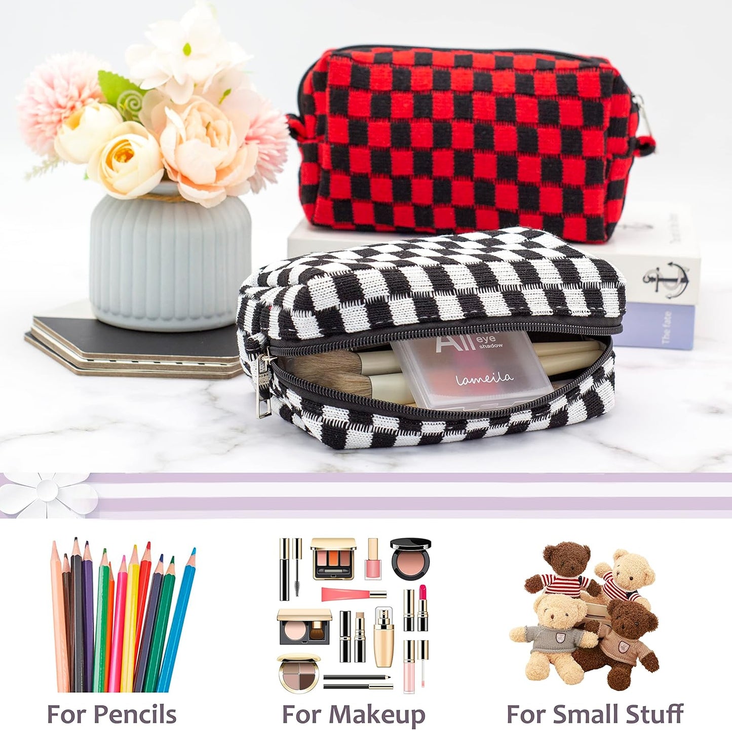 PAZIMIIK Checkered Makeup Bag for Purse Portable Zipper Make Up Pouch Small Cosmetic Case for Travel Accessories (2PCS Black)