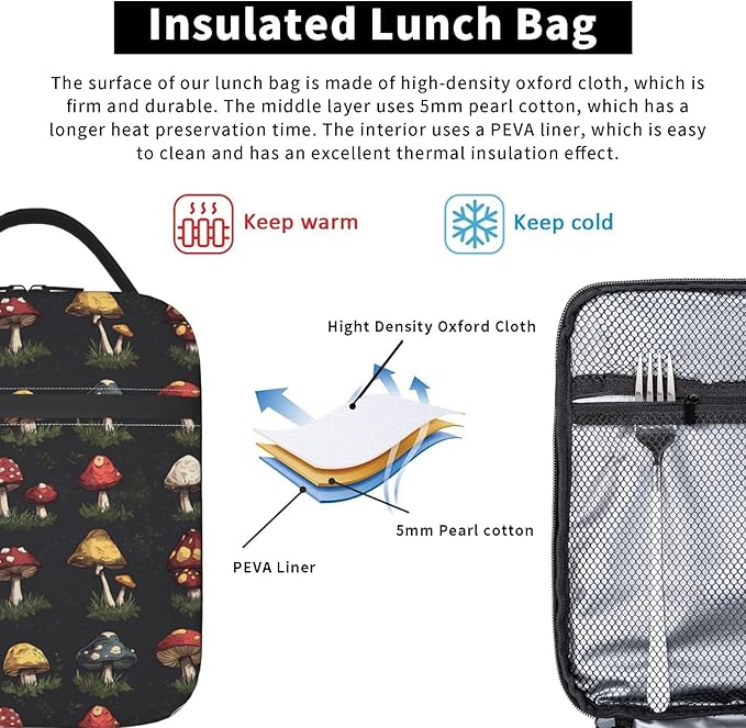Mushroom Lunch Box Insulated Lunch Bag for kids Girls Boys,Reusable Lunch Box Containers for Women Men,Durable Cooler Tote Bag Lunchbox for Office/School/Picnic