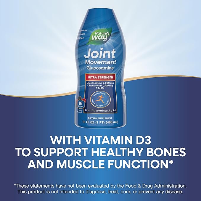 Nature's Way Joint Movement Glucosamine Fast Absorbing Liquid, Ultra Strength, Supports Healthy Bones*, Chondroitin, and MSM with Vitamin D3, Berry Flavored, 16 Fl Oz (Packaging May Vary)