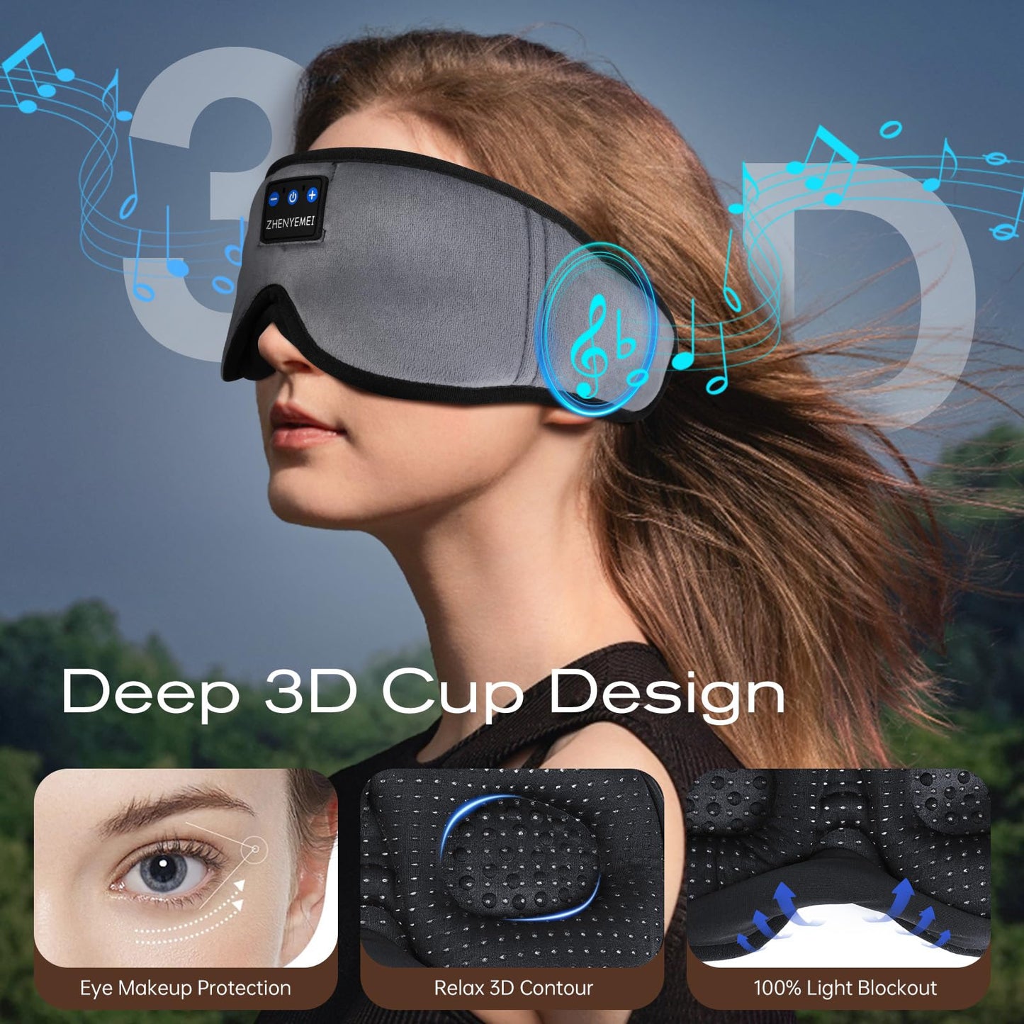 ZHENYEMEI 3D Sleep Mask with Bluetooth Headphones, Sleeping Headphones for Side Sleepers, Wireless Music Eye Mask with Ultra-Thin Stereo Speakers for Men, Women, Tech Gifts, Grey