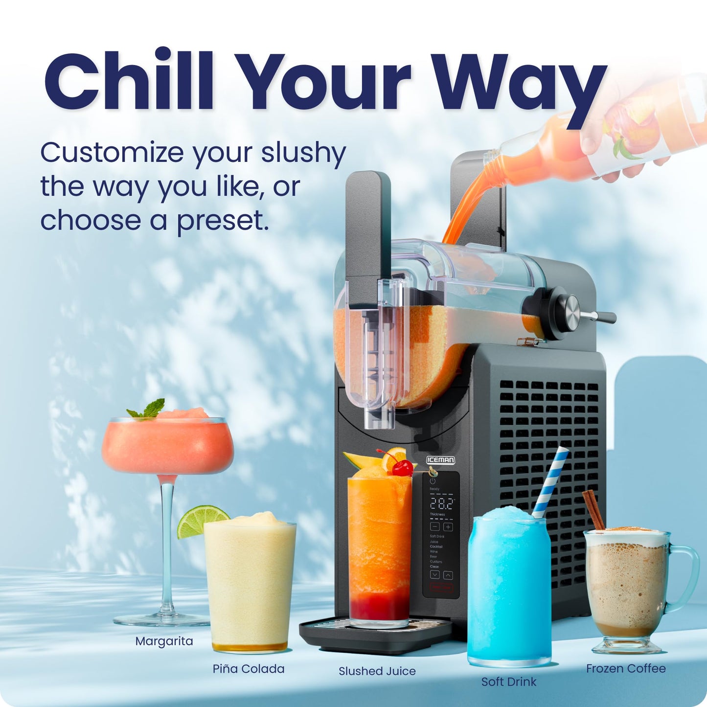 Iceman Slush-Ease Slushie Machine, Frozen Drink Maker & Slushy Machine with 5 Presets + Custom Option, Easy-Dispensing Lever for Frozen Margaritas, Frappes, and Slushies - Black (Renewed)