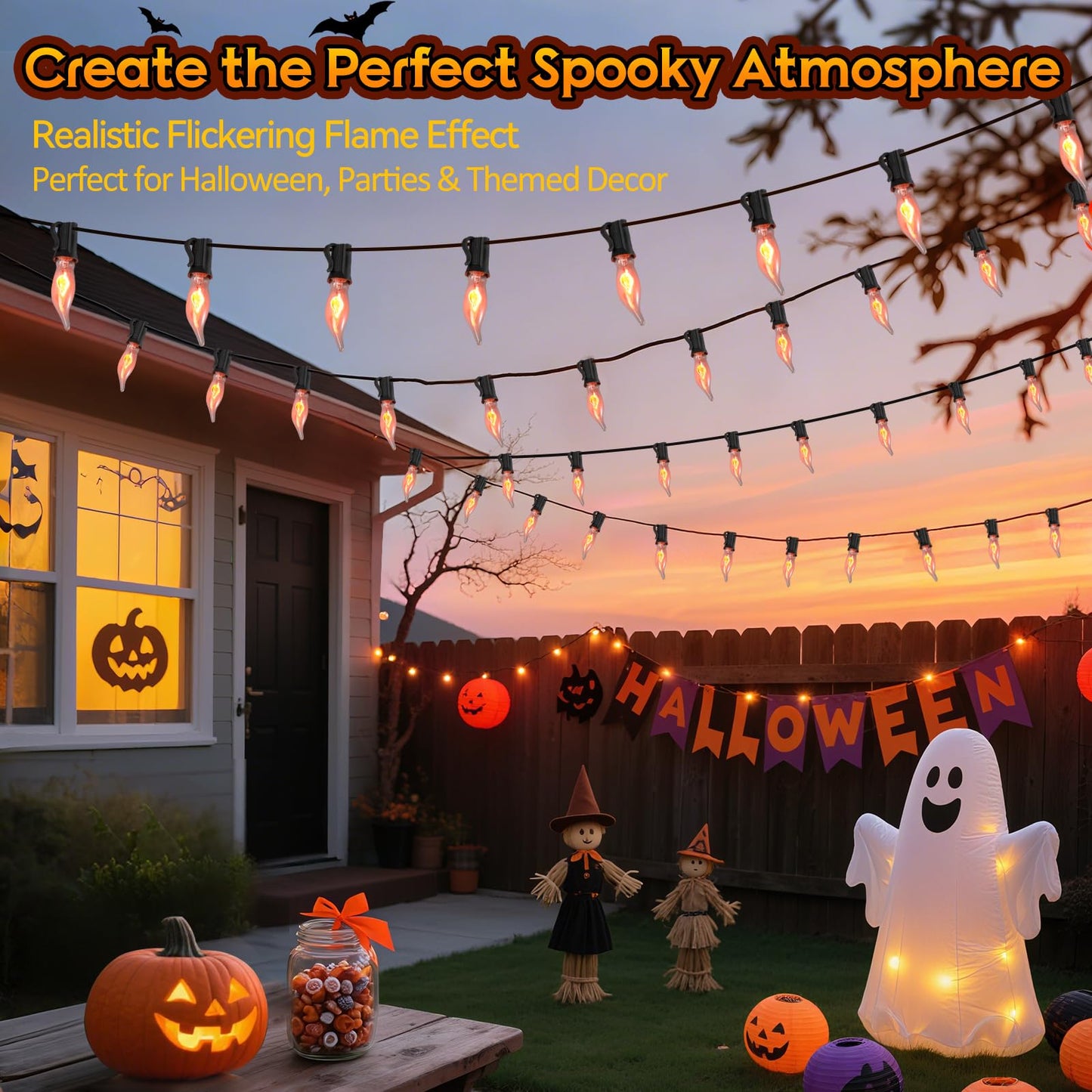 Hobbynors 50Ft Extra-Long Fall & Halloween String Lights 25 C18 Flicker Flame Bulbs For Outdoor Decor Waterproof & Connectable For Christmas  Thanksgiving & Festive Party Ambiance