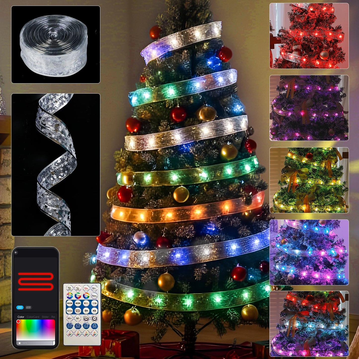 Bravedream 33Ft Smart Christmas Ribbon Lights  Color Changing Lighted Ribbon  100 Leds  80 Modes  App & Remote Control  Music Sync  Timer  Usb Powered  Extendable Via App For Tall Xmas Tree  Golden