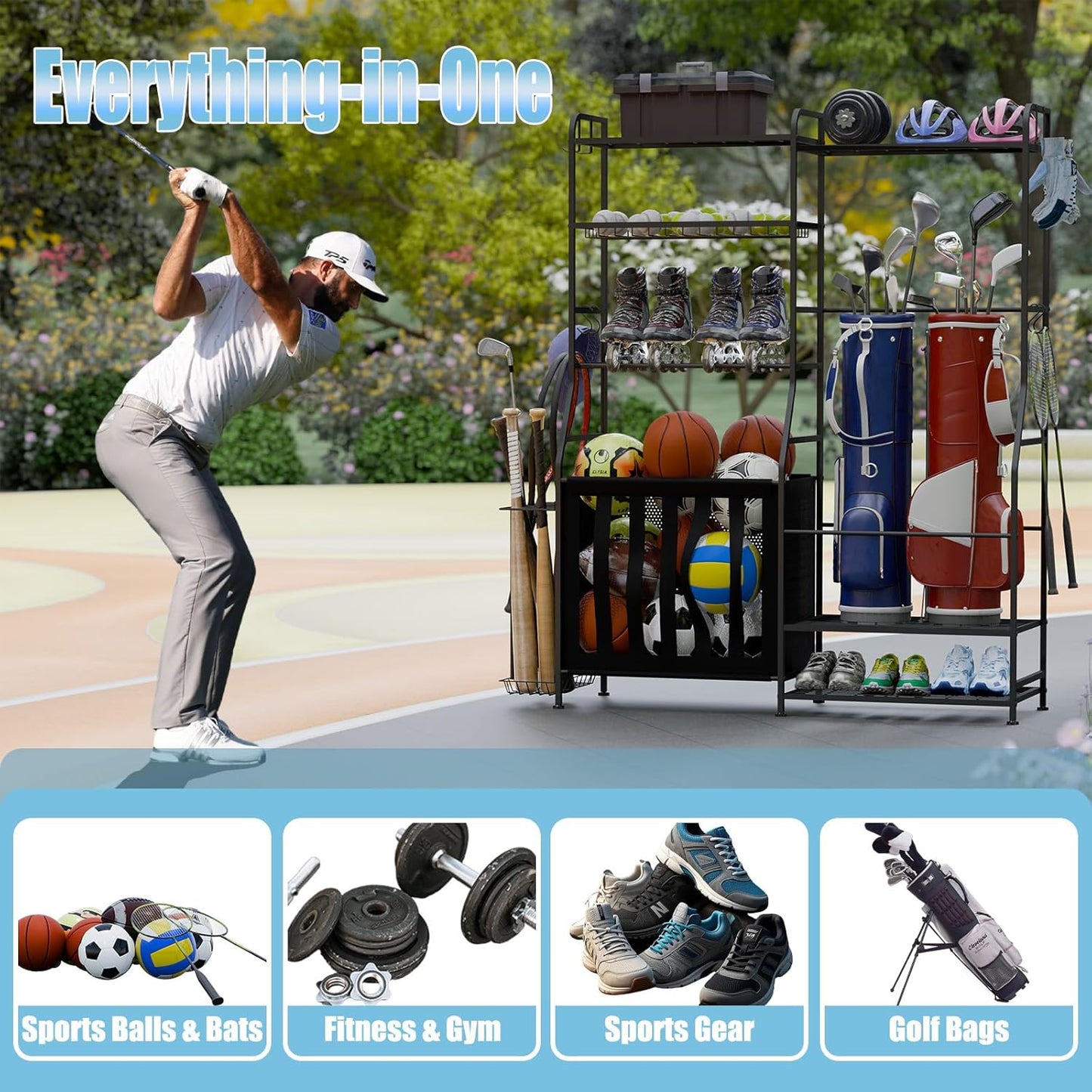 Garage Sports Equipment Organizer, Golf Bag Storage Rack, Heavy Duty Ball Holder with Basket & Hooks, Indoor/Outdoor Basketball Storage Bins for Toy Sports Gear Storage (Pro)