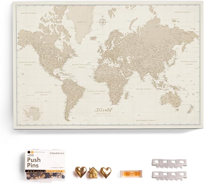 Canvas World Map with Cork Pin Board - English Lettering - Decorative Wall Decoration for All Rooms - Canvas Pictures with World Map Motif (90x60 cm, Pattern 9)