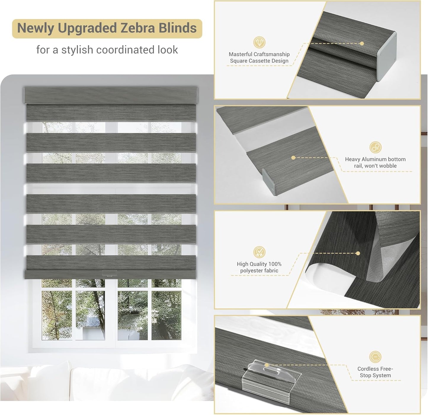 Cordless Zebra Blinds for Windows, Blackout Interior Blinds,Easy to Install,UV Protection,for Offices and Home,Custom Roller Shades, Mousse Grey,47" W x 72" H