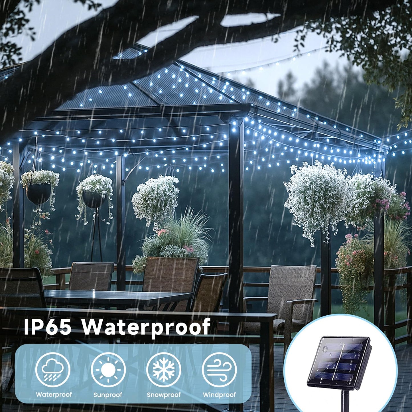 SANJICHA 180FT Solar Christmas Lights, 320 LED, 4 Pack, Waterproof, Green Wire, 8 Lighting Modes, Cool White