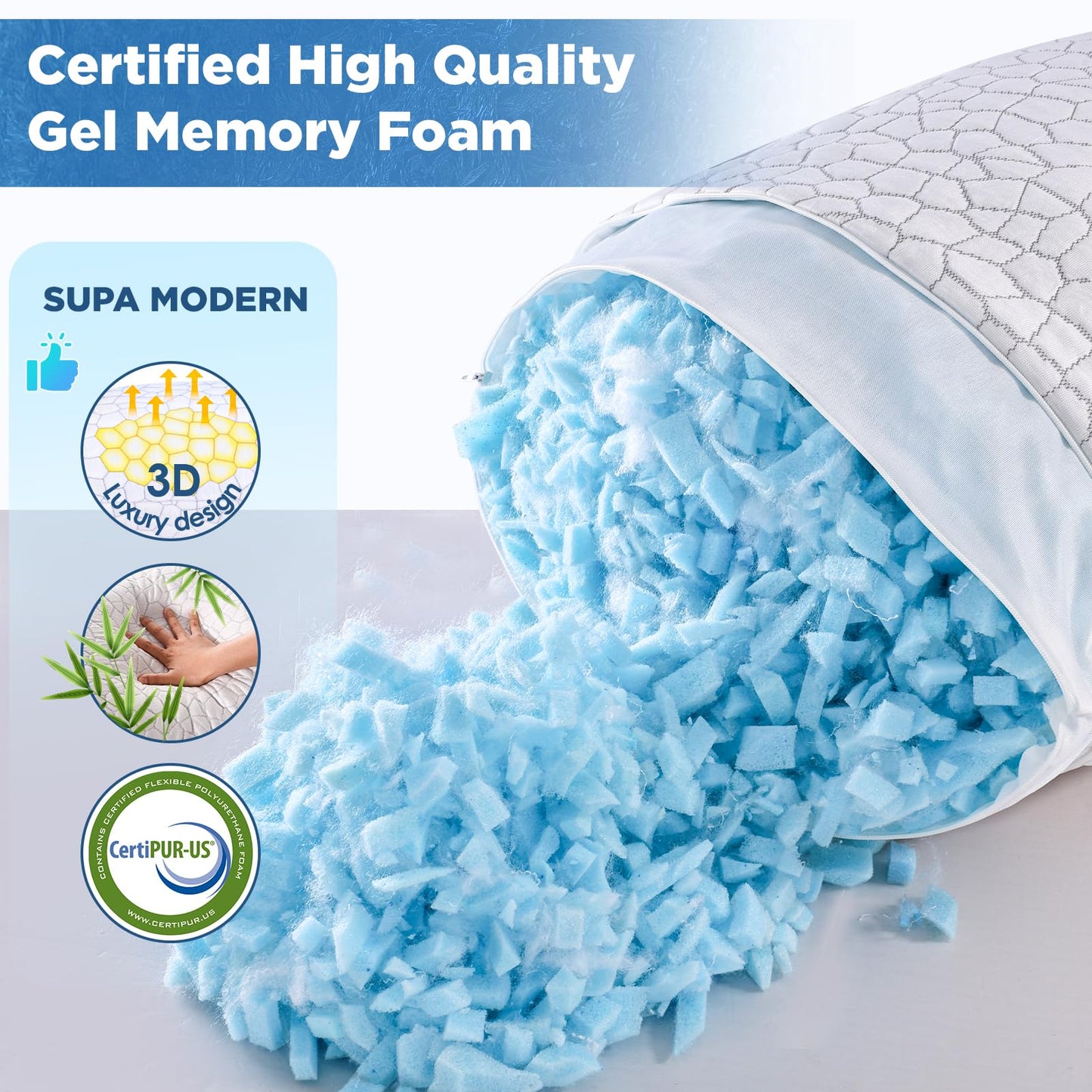 SUPA MODERN Cooling Pillows Queen Size Set of 2, Shredded Memory Foam Pillows for Sleeping 2 Pack, Adjustable Firm Bed Pillow for Side Back Stomach Sleepers, Cool Luxury Gel Pillow for Neck Support