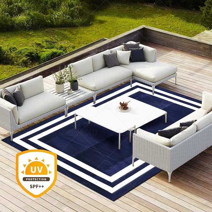 8'x 10' Outdoor Rug,Waterproof Reversible Patio Rugs,8x10 ft Plastic Straw Outdoor Carpet Foldable Plastic Camping Mat for Outside RV, Patio,Picnic,Camper,Balcony,Porch(Navy Blue &White)
