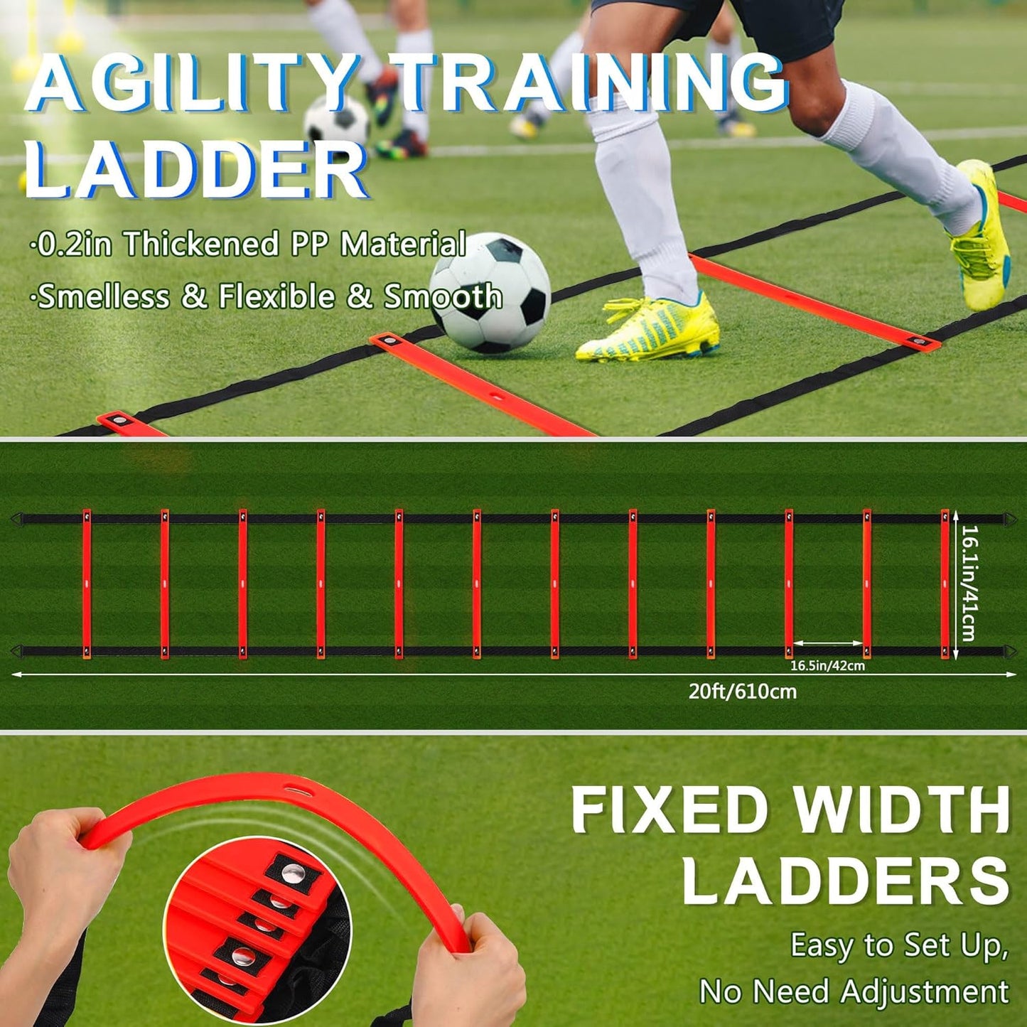 Fixed Rung Agility Ladder - 20ft 12 Rungs No Tangle Speed and Agility Training Equipment for Soccer Footwork Training with Carrying Bag/Ground Stakes for Adults Youth Kids