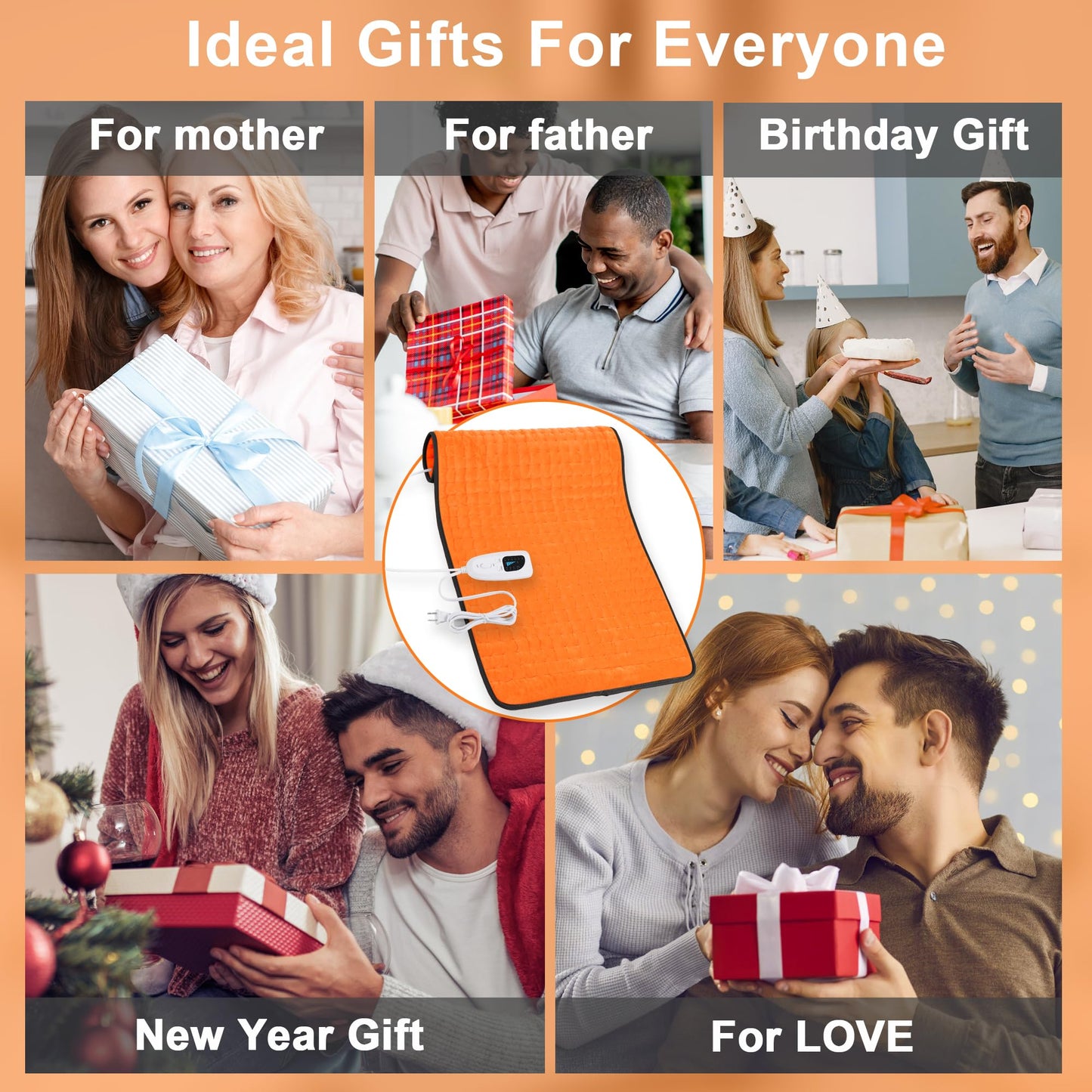 Deepsoon Heating Pad,Electric Heating Pads for Back,Neck,Abdomen,Moist Heating Pad for Shoulder,Knee,Arms,Legs,Dry/Moist Heat & Auto Shut Off,Christmas Gifts for Men and Women,Orange Black,33x17 Inch
