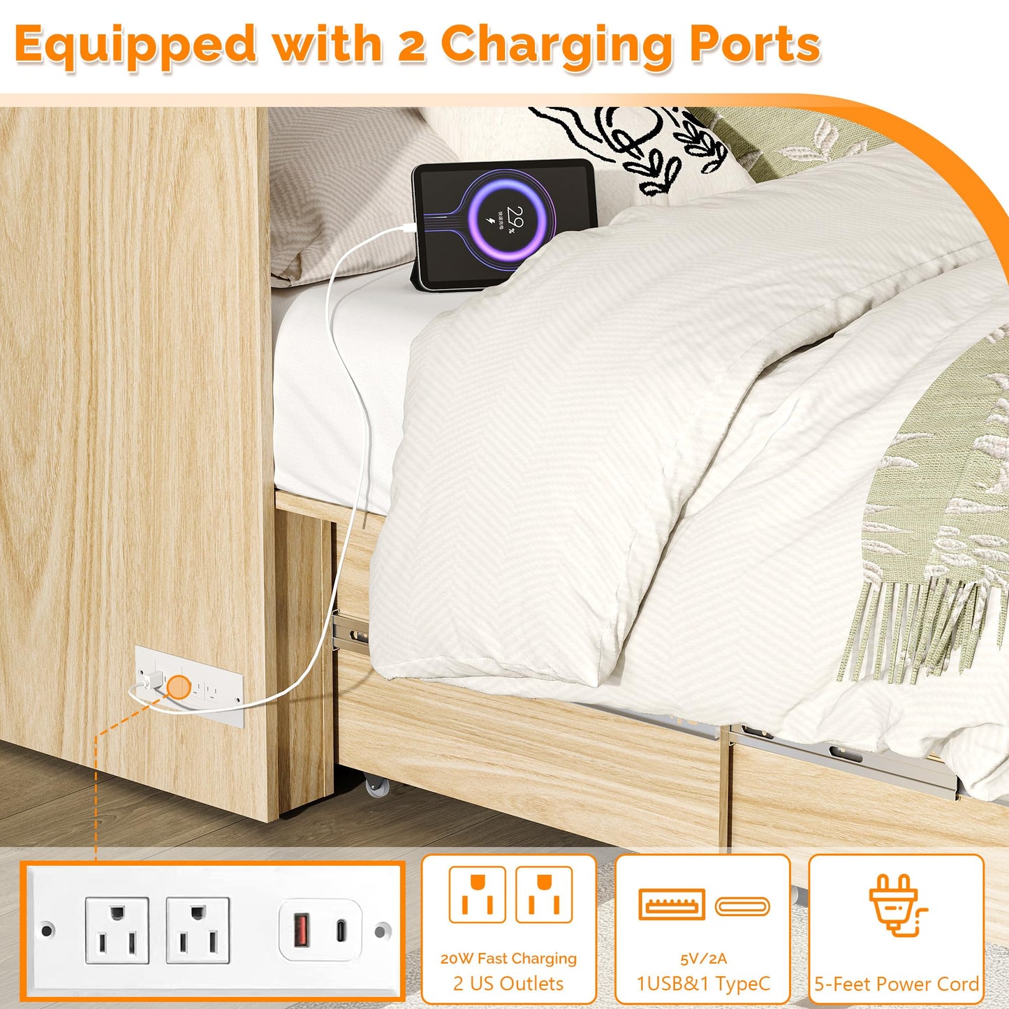 VINGLI Queen Size Rattan Murphy Bed with Storage Drawer,2 Charging Station, Boho,Hideaway Paltform Panel Bed for Small Spaces,Guest Room,Office,Apartment, Space-Saving Cabinet Bed,Oak White