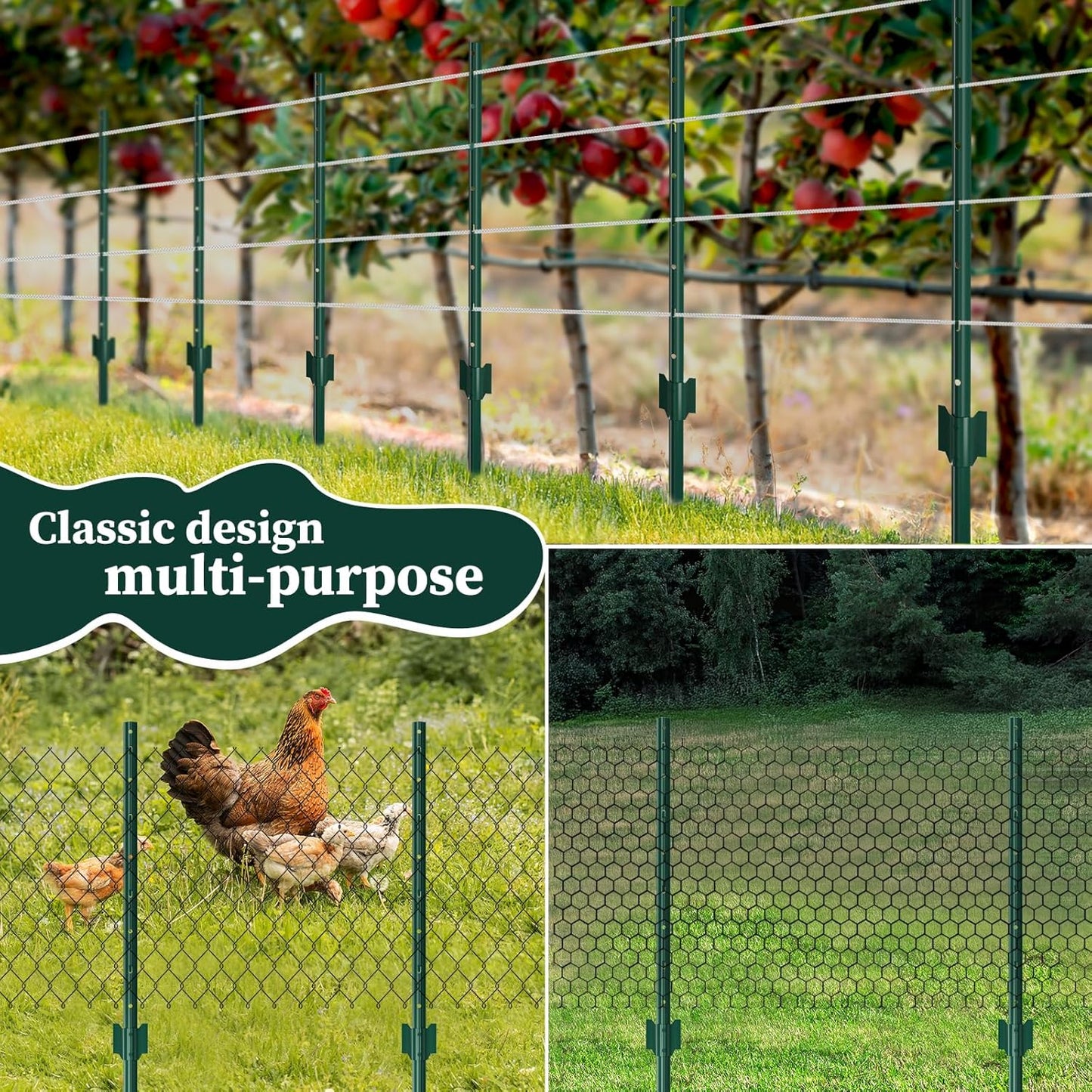 10 Pack Garden Fence Post, 5 Feet Heavy Duty Metal U-Post for Wire Fence, No Dig Garden Fence Stakes for Temporary Fencing, Electric Fence Wire, Corner Anchor, and More-Green