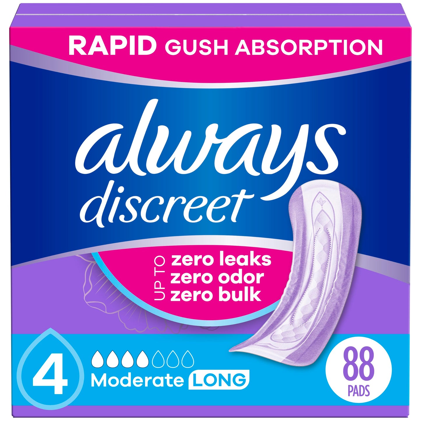 Always Discreet Adult Incontinence Pads for Women, Moderate Absorbency, Long Length, Postpartum Pads, 88 Count (2 Packs of 44)