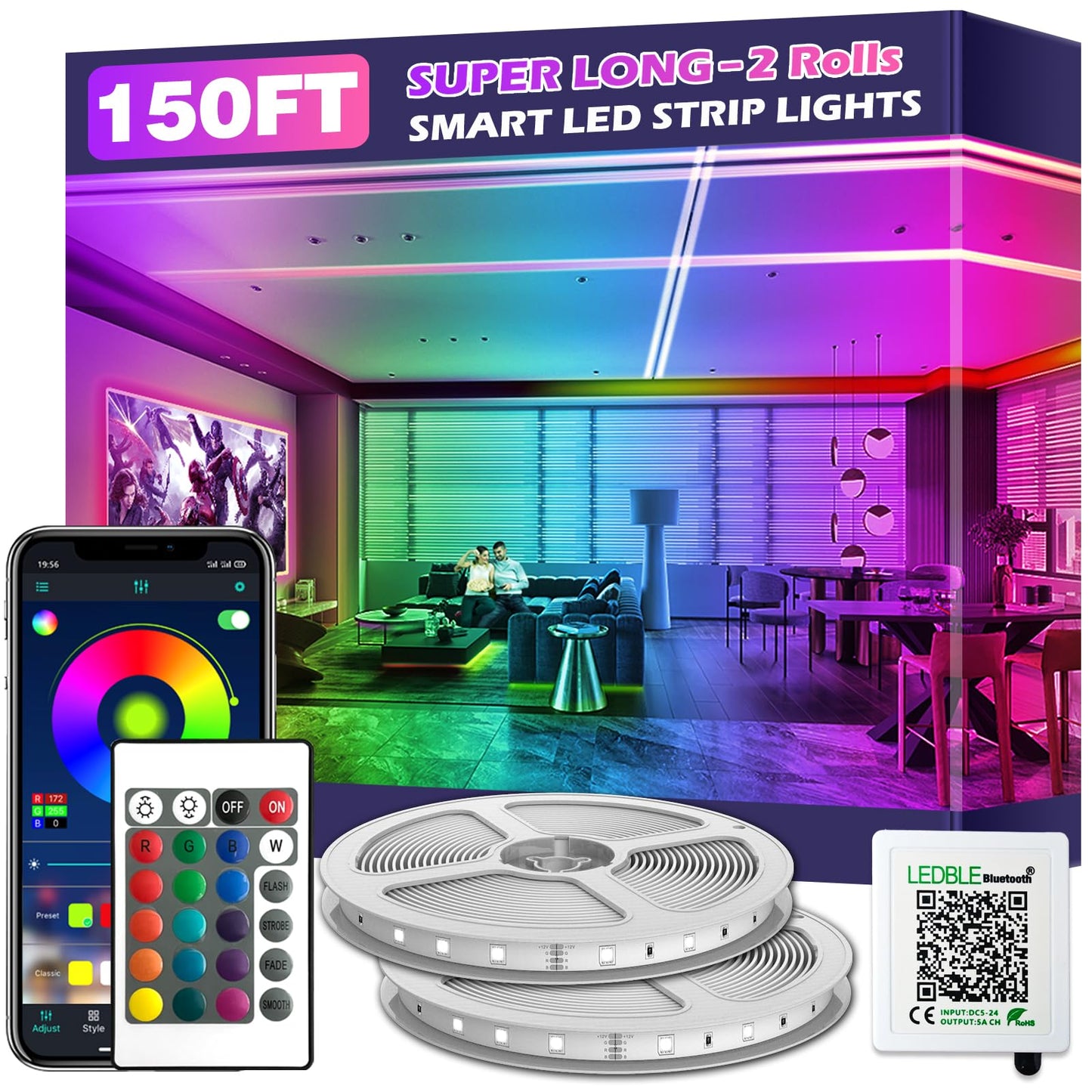 Letianpai Led Strip Lights 150Ft, Music Sync Rgb Color Changing, Bluetooth App Control, Remote Included For Bedroom And Party