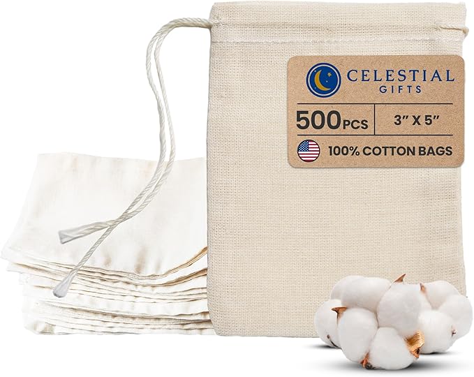 Celestial Gifts Muslin Drawstring Bags - 500pcs, 3x5, Reusable for Tea, Jewelry, Spice and Cotton Gift Sachets - 100% Cotton - Made in USA - Natural Hem & Drawstring