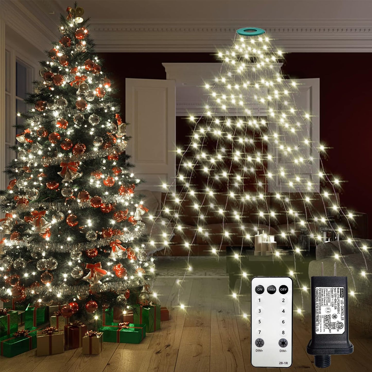 Christmas Tree Lights With Ring 8.2Ft 16 Line 448 Led Green Wire Fairy Waterfall String Light Plug In Dimmable Cascading Twinkle Lights With 8 Lighting Modes For Indoor Outdoor Xmas Tree(Cool White)