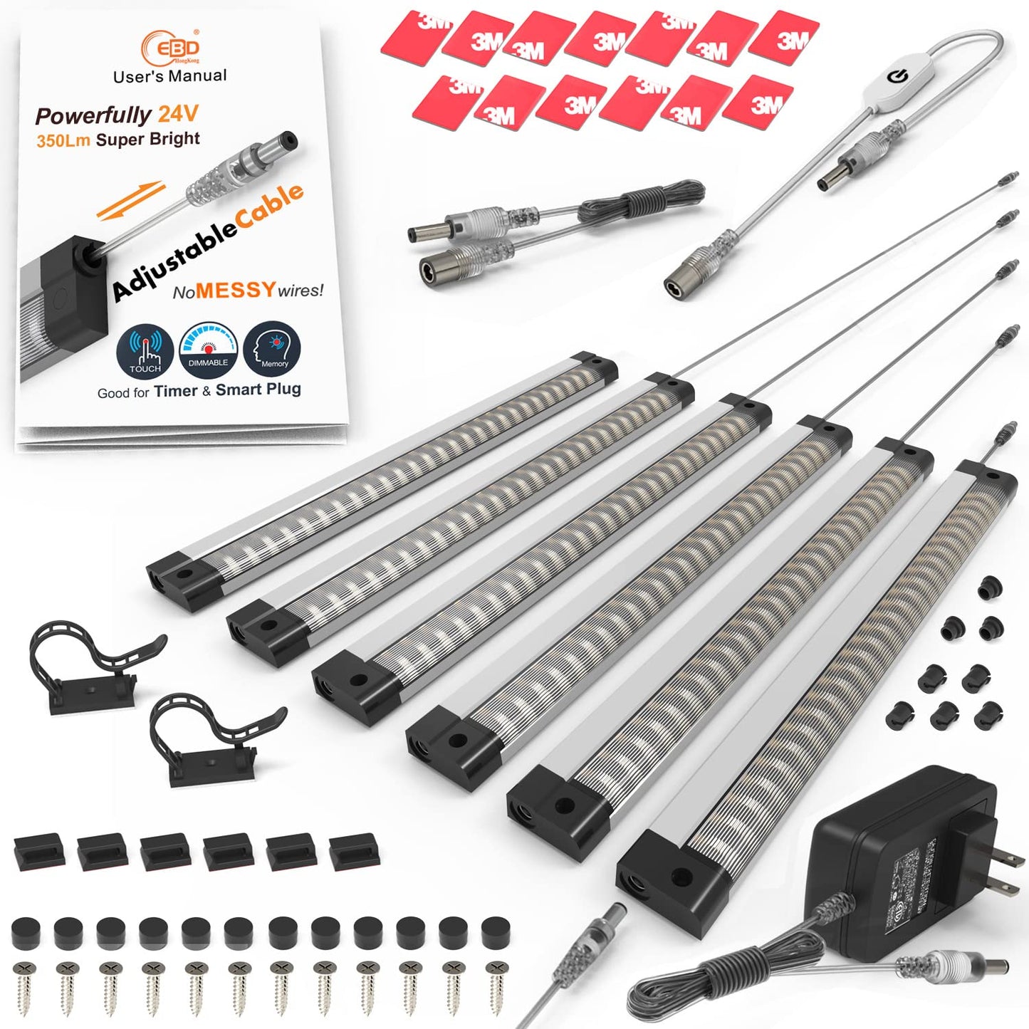 EBD Under Cabinet Lights Touch LED Under Cabinet Lighting Built-in Adjustable Cable No Messy Wires! 6 Pcs Super Bright Light Bar 6500K Cool White 2100Lm Good for Timer & Smart Plug