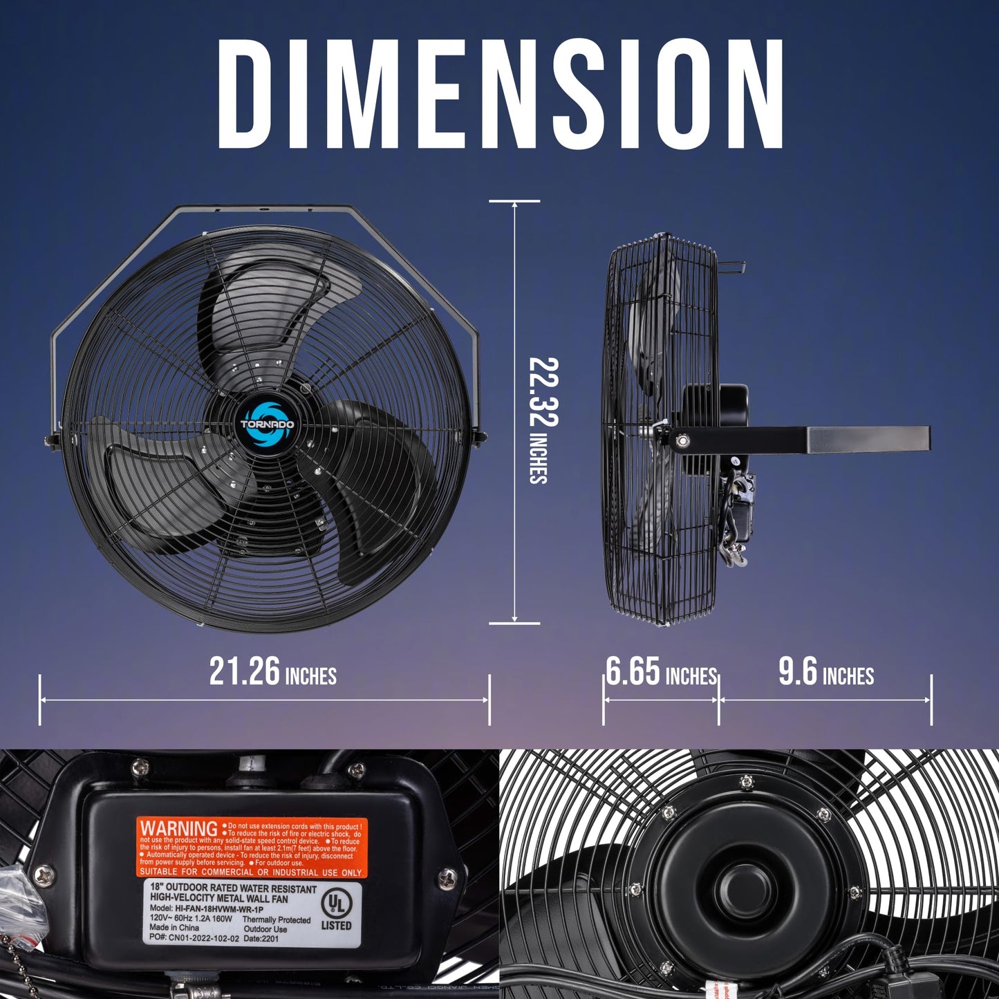 Tornado 18 Outdoor Ipx4 Rated Water-Resistant Metal Industrial Wall Mount Fan, 3 Speed High Velocity Wall Fan For Commercial, In