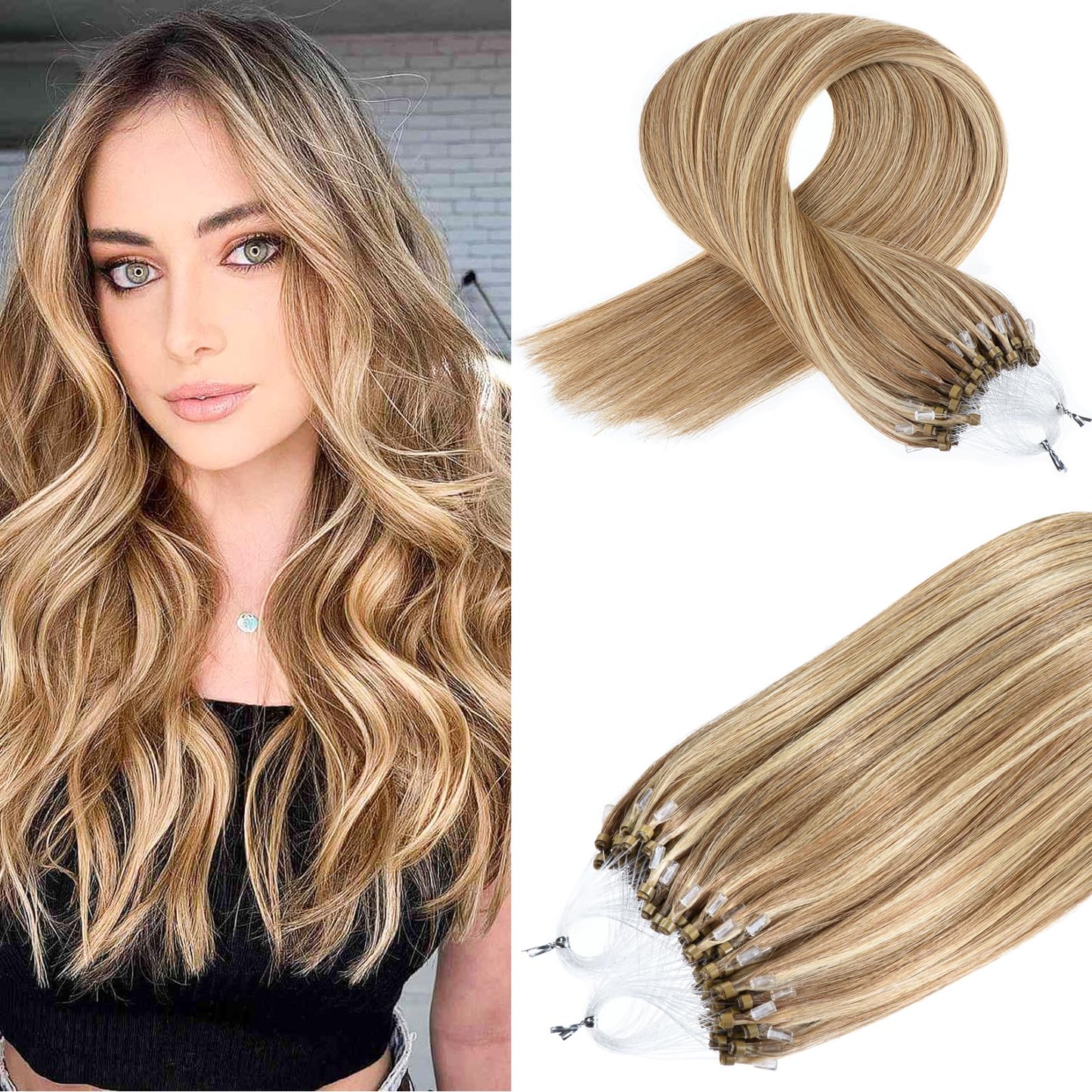 Kpvxxve Micro Loop Human Hair Extensions 22 Inch #8/613 Micro Link Hair Extensions Real Human Hair Ash Brown with Bleach Blonde