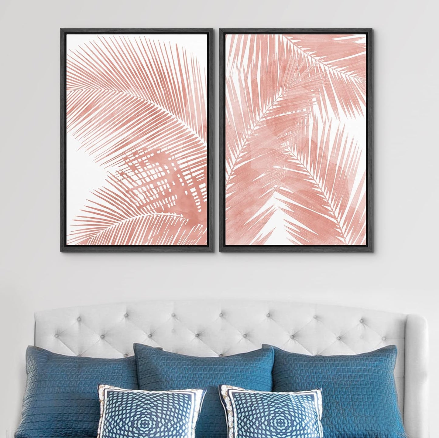 SIGNWIN Framed Canvas Print Wall Art Set Tropical Red Pastel Palm Leaf Plants Nature Wilderness Illustrations Modern Art Decorative Rustic Chic for Living Room, Bedroom, Office - 16"x24"x2 Black