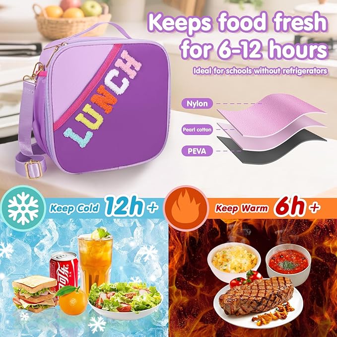 Lunch Bag Kids,Insulated Lunch Bag With Adjustable Shoulder Strap,Reusable Lunch Bag for Kids, Girls,Boys, lunch Bag Women,Preppy Lunch Box for School,Travel, Picnic (dark purple)