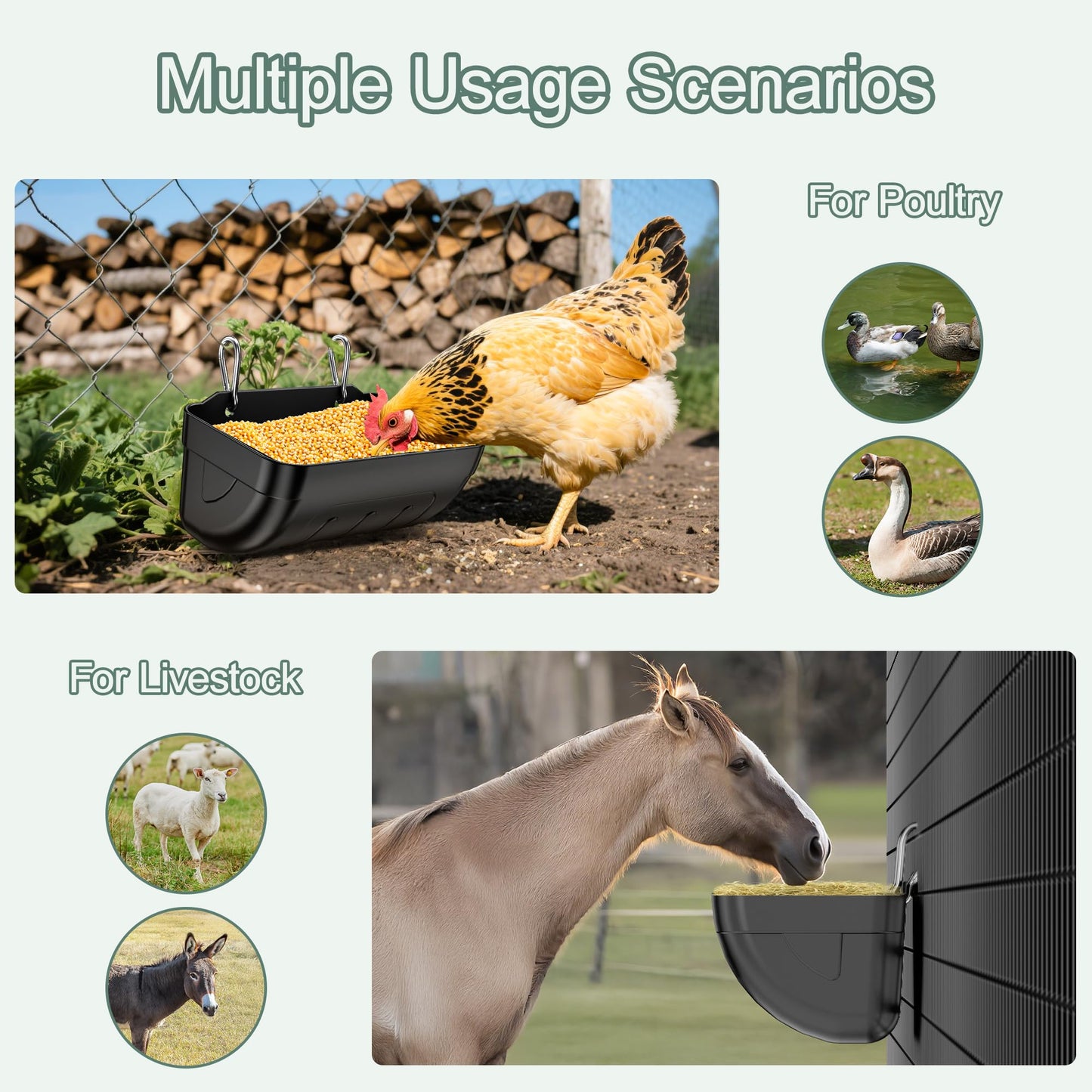 Tiflev Goat Feeders Hanging 6 Pack 3.5 Quart, Chicken Waterer Feeder Trough for Poultry Livestock Black