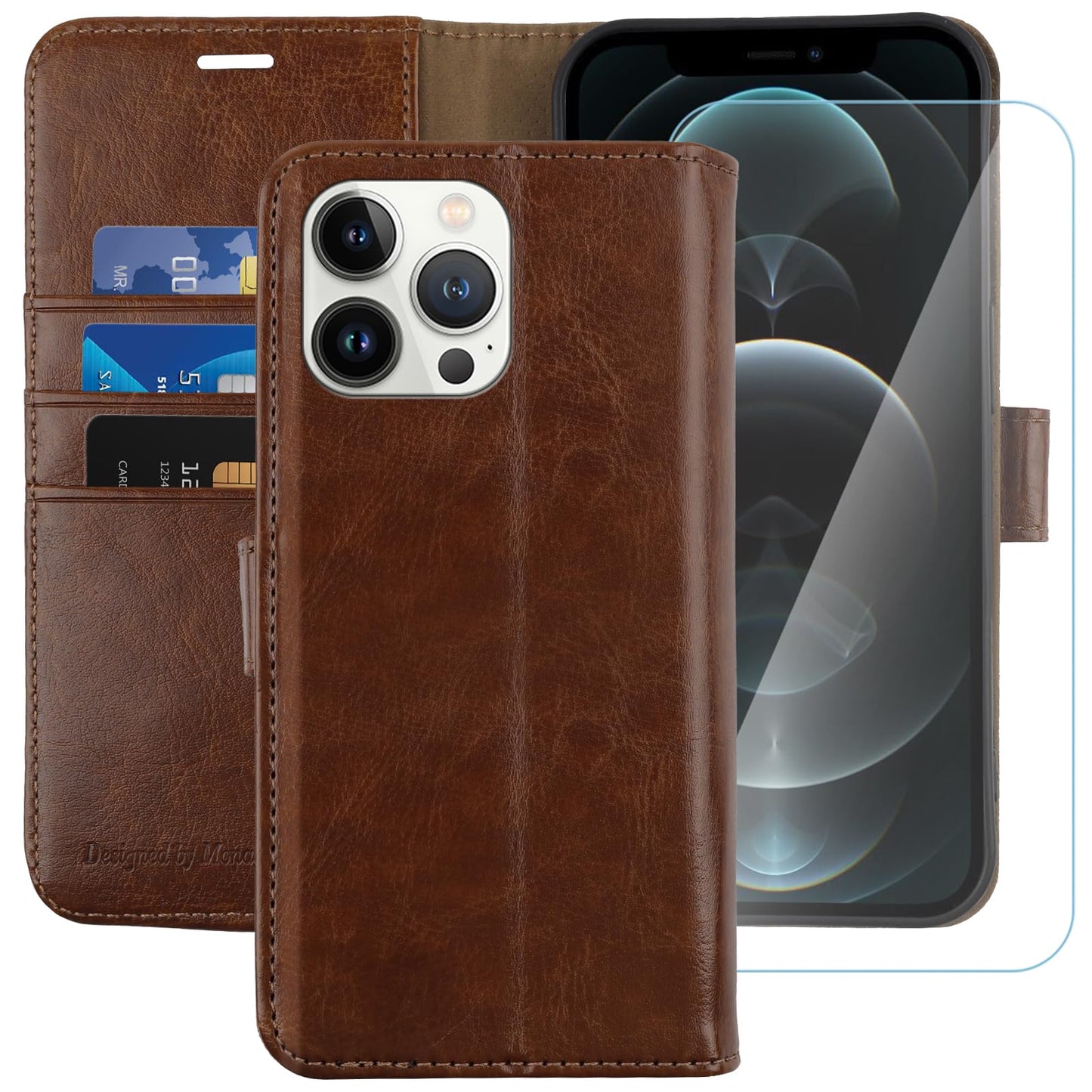 Monasay Wallet Case Compatible For Iphone 11 Pro, 5.8-Inch, [Glass Screen Protector Included] [Rfid Blocking] Flip Folio Leather