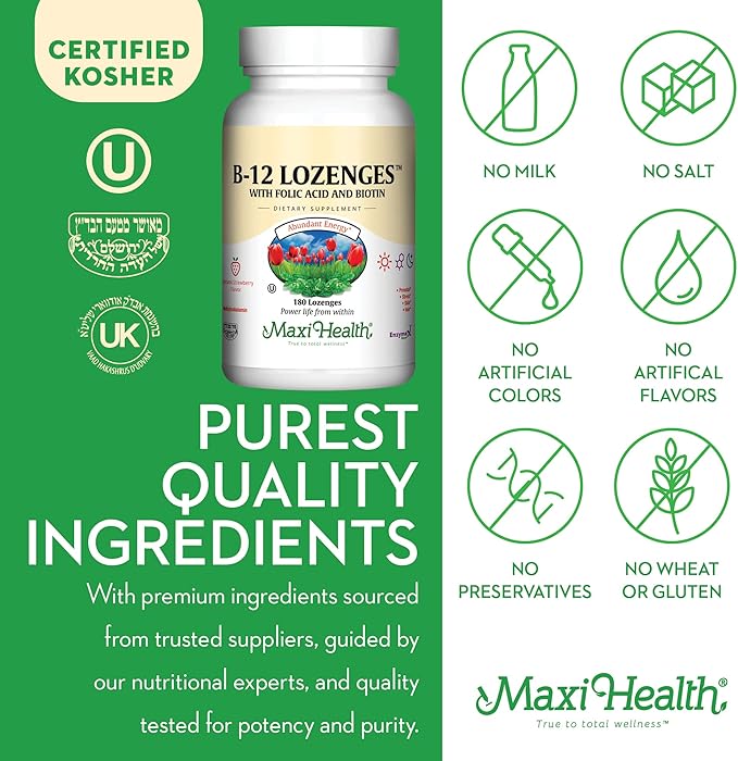 Maxi Health Vitamin B12 Lozenges with Folic Acid and Biotin - Sublingual B12 Vitamins Strawberry Flavor - Vegetarian Kosher B 12 Vitamin for Red Blood Cell Production and Energy (180 Count)