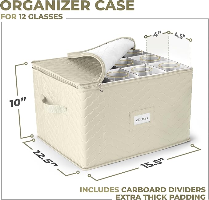 Sorbus Stemware Storage Chest - Deluxe Quilted Case with Dividers - Service for 12 - Great for Protecting or Transporting Wine Glasses, Champagne Flutes, Goblets, and more (Storage Glass - Beige)