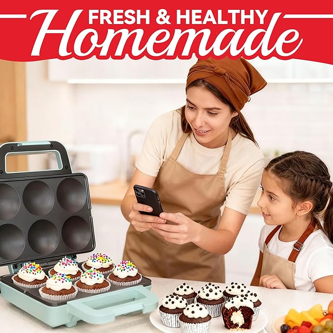 6-Count Cupcake Maker Machine, Bakes 6 X 2.5 Inch Cupcakes, Muffins, Pizza Cups, Cinnamon Buns, Cool-touch Handle, Non-stick Coating, Recipe Included, Aqua