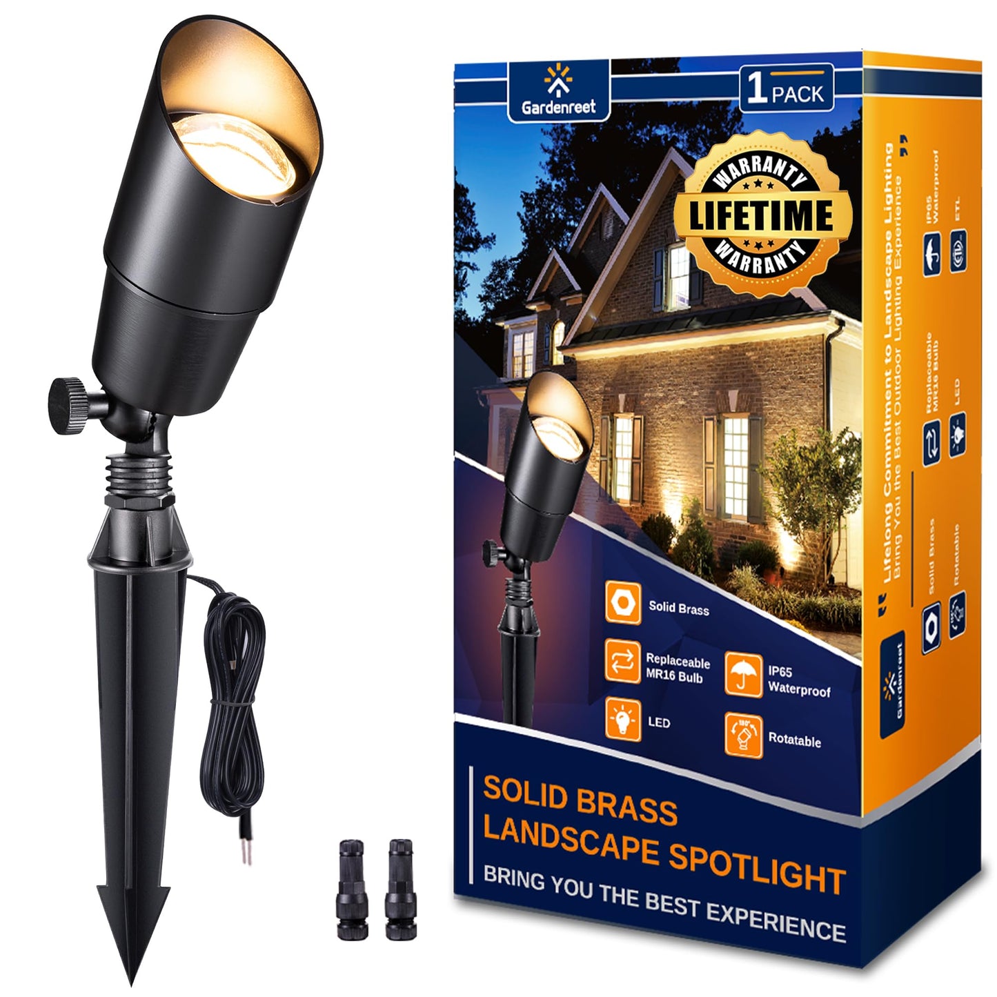 Gardenreet Landscape Spotlights - Brass Led Uplight 12V, Ip65 Waterproof, Black, 1 Pack (Bulb Not Included), Model 2101