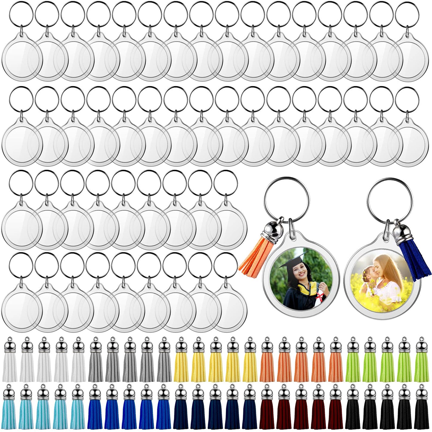 Yaomiao 50 Sets Acrylic Photo Frame Keychain with Tassels, Snap-In Custom Insert Photo Keyring Clear Blank Picture Keyring