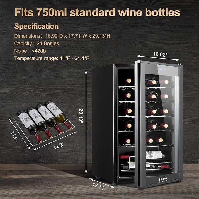 BODEGACOOLER 24 Bottle Mini Fridge for Bedroom, Compressor Wine Cooler Refrigerator for Home and Kitchen, Wine Cooler with Digital Temperature Control & Double-layer Glass Door for Wine, Champagne.