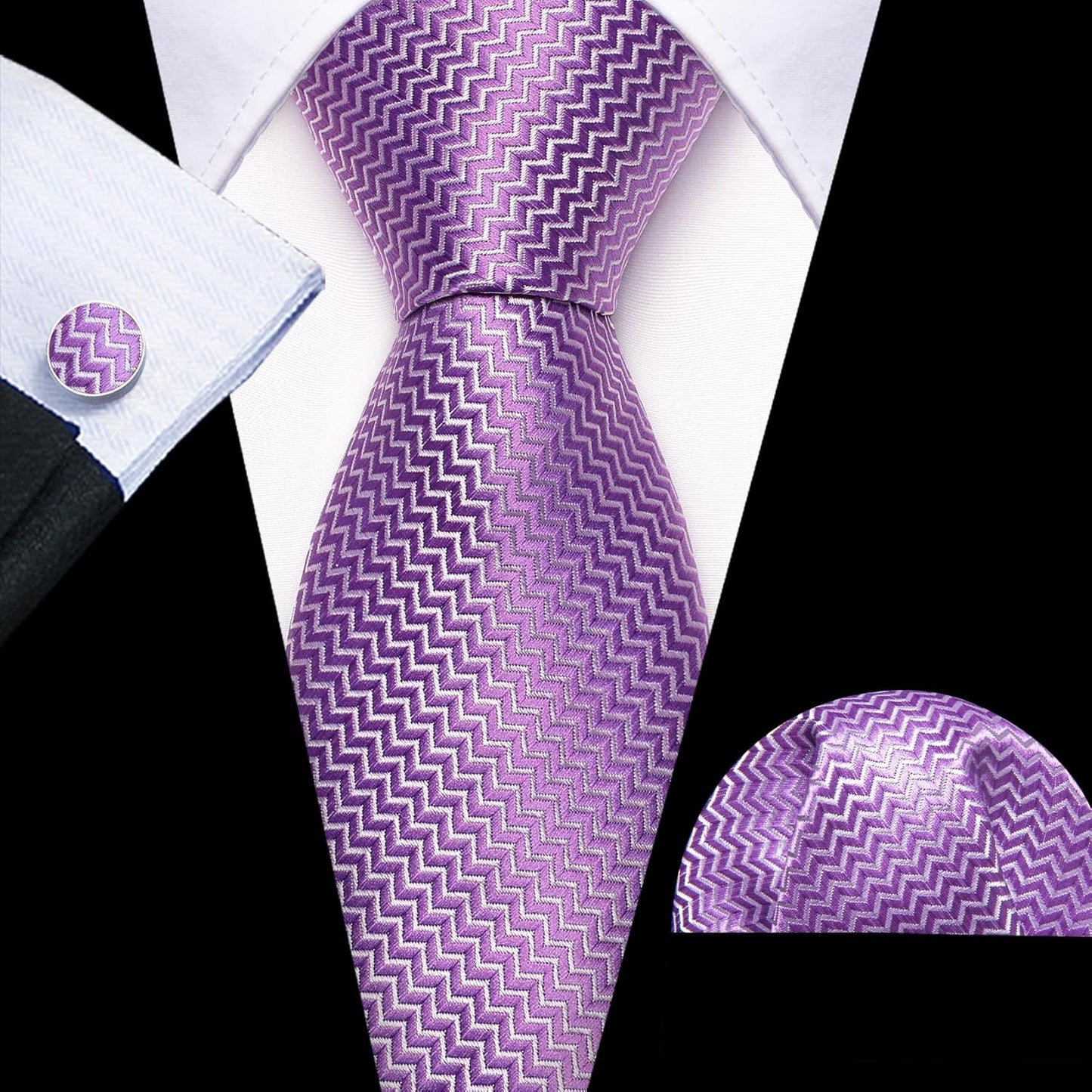 Barry.Wang Designer Classic Ties for Men Set Formal Pocket Square Cufflink Check Plaid