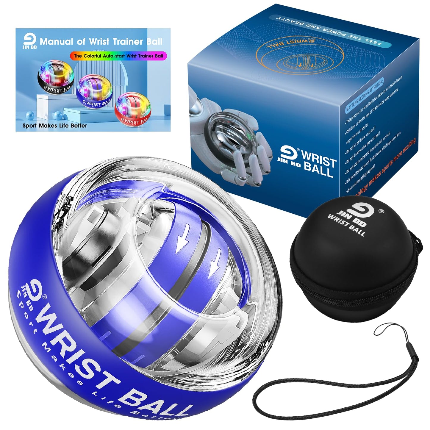 JIN BDWrist Trainer Ball Auto-Start Wrist Strengthener Gyroscopic Forearm Exerciser Gyro Ball for Strengthen Arms, Fingers, Wrist Bones and Muscles（Blue Without Light）