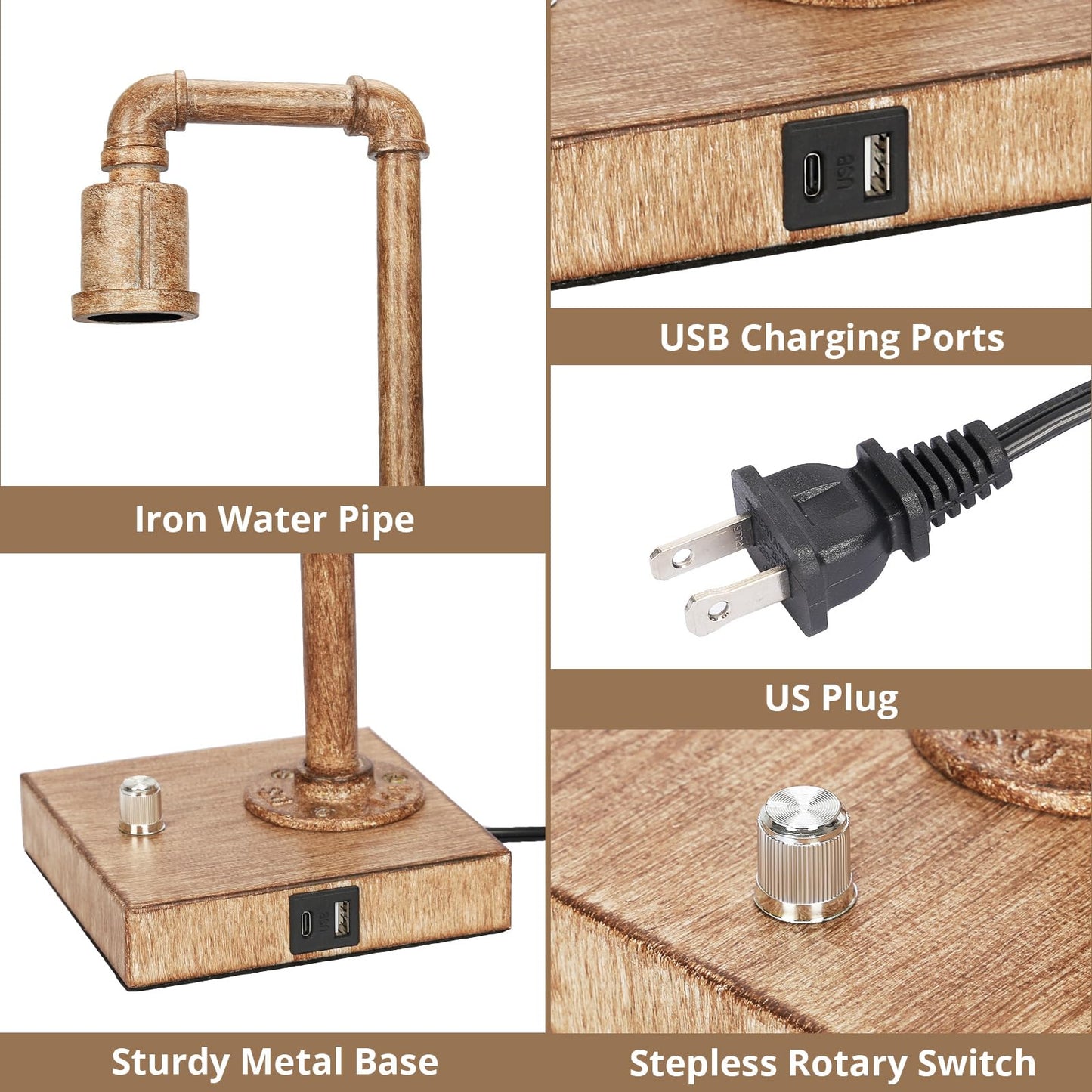 Seaside Village Steampunk Table Lamp with USB Ports, Dimmable, 5.59inx5.59inx16.14in, Brushed Rustic Wood, Model SG-Lamp-S-RW