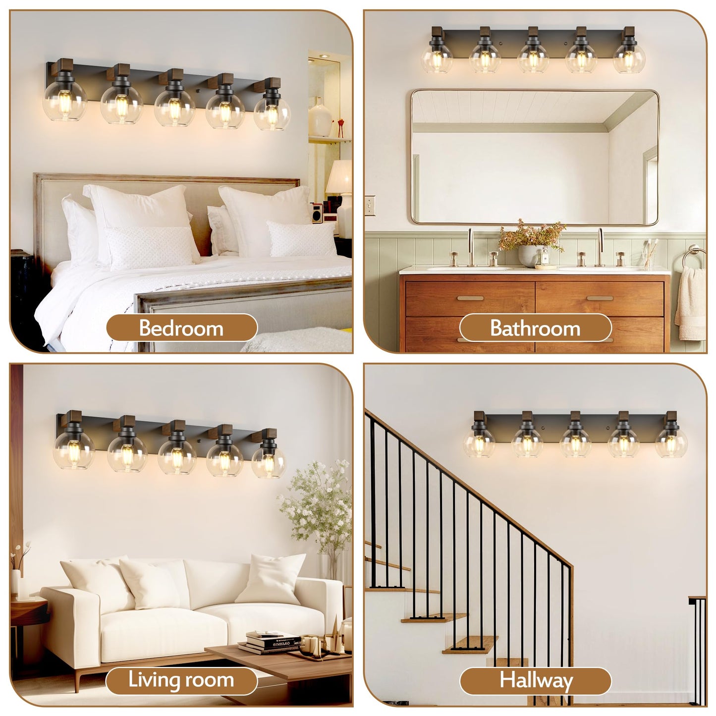 Farmhouse Bathroom Vanity Light Fixtures  5-Light Wood Bathroom Light Fixtures Over Mirror  Rustic Sconces Wall Lighting With Glass Shade For Living Room  Bedroom  Hallway